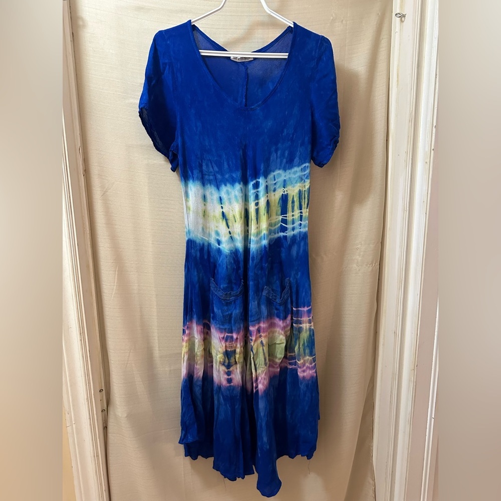 Poliska Batik Cotton Blue Boho Dress Women’s L/XL Handmade Turkey Pockets Midi